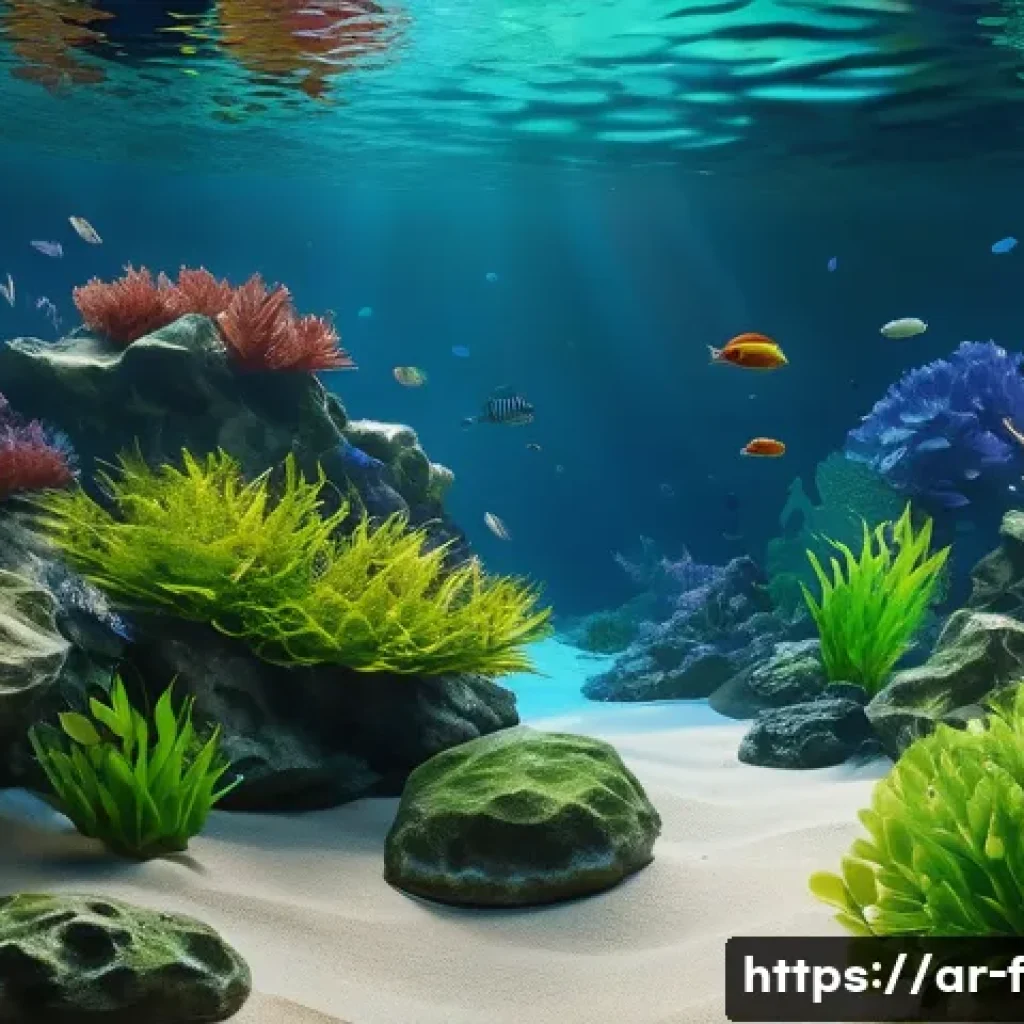 어항 배경 필름 추천 - A serene natural aquarium background featuring realistic 3D textured rocks, lush green aquatic plant...