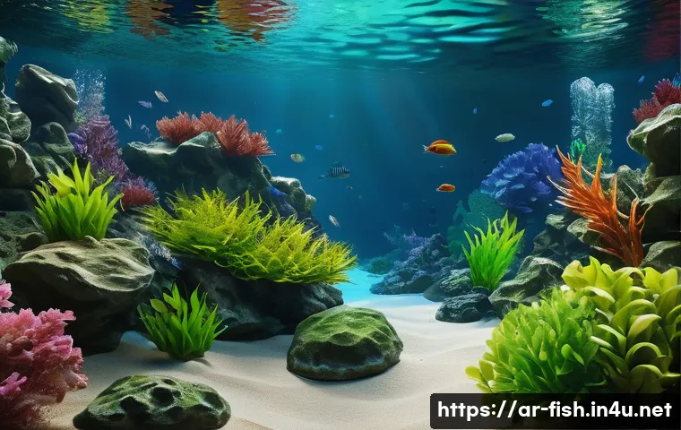 어항 배경 필름 추천 - A serene natural aquarium background featuring realistic 3D textured rocks, lush green aquatic plant...