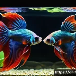 Home 22 베타피쉬 턱 교배법 - A detailed, vibrant aquarium scene showing a pair of Betta fish preparing for mating in a spacious 2...