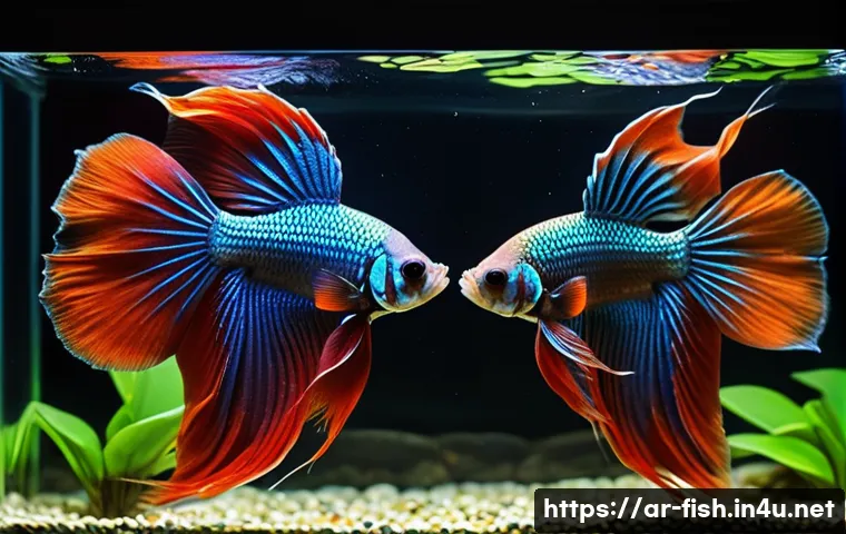 베타피쉬 턱 교배법 - A detailed, vibrant aquarium scene showing a pair of Betta fish preparing for mating in a spacious 2...