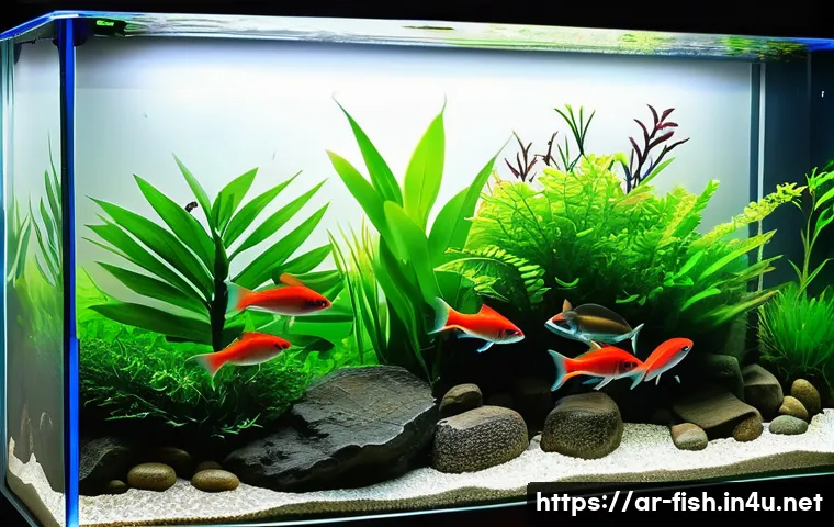 네온테트라 관리법 - A vibrant aquarium scene featuring a well-maintained neon tetra tank with a minimum of six neon tetr...