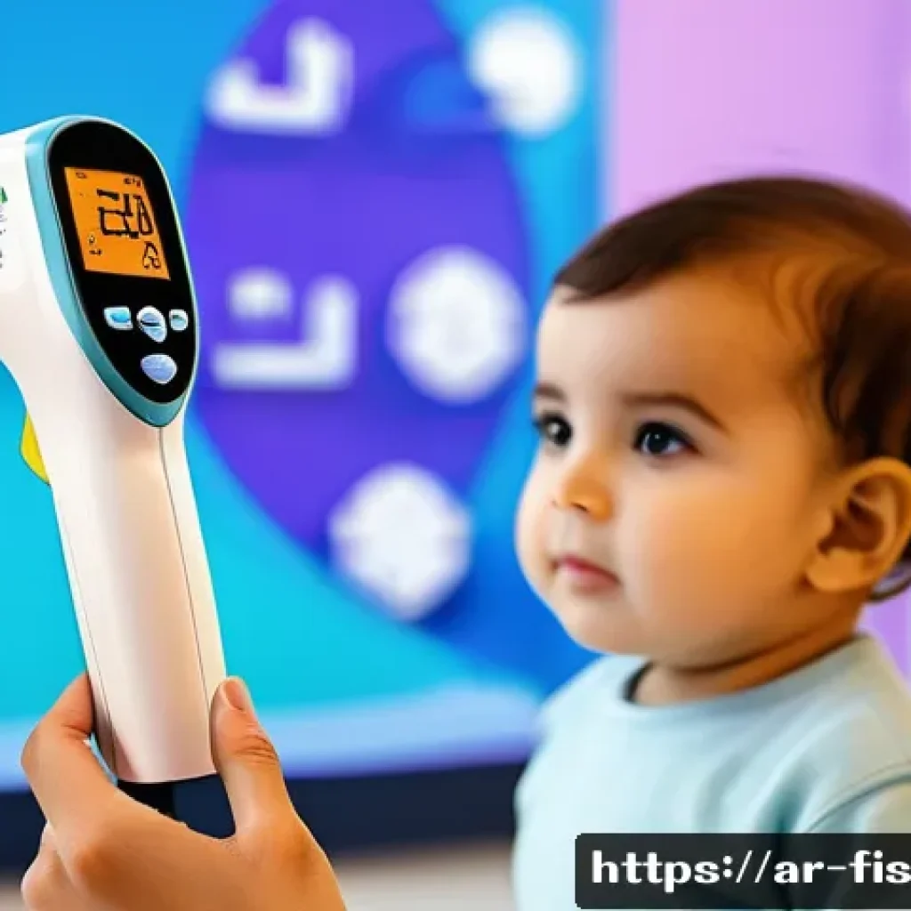 디지털 수온계 - A modern digital infrared thermometer designed for use in Arabic households, featuring a sleek ergon...