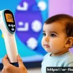 Home 19 디지털 수온계 - A modern digital infrared thermometer designed for use in Arabic households, featuring a sleek ergon...