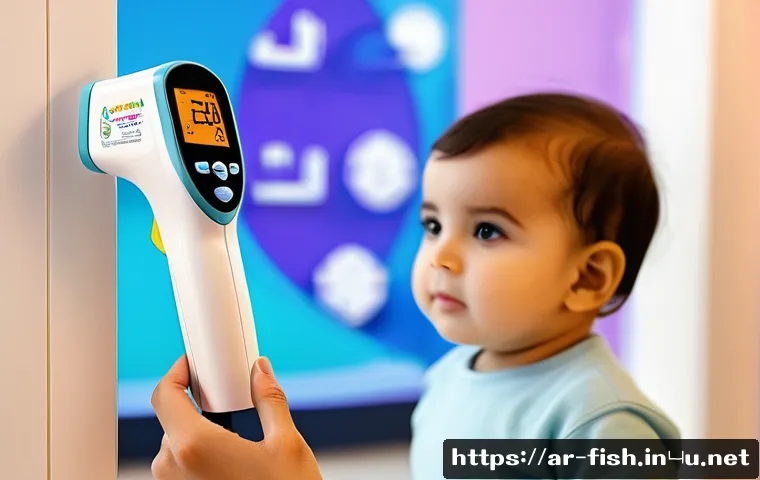 디지털 수온계 - A modern digital infrared thermometer designed for use in Arabic households, featuring a sleek ergon...
