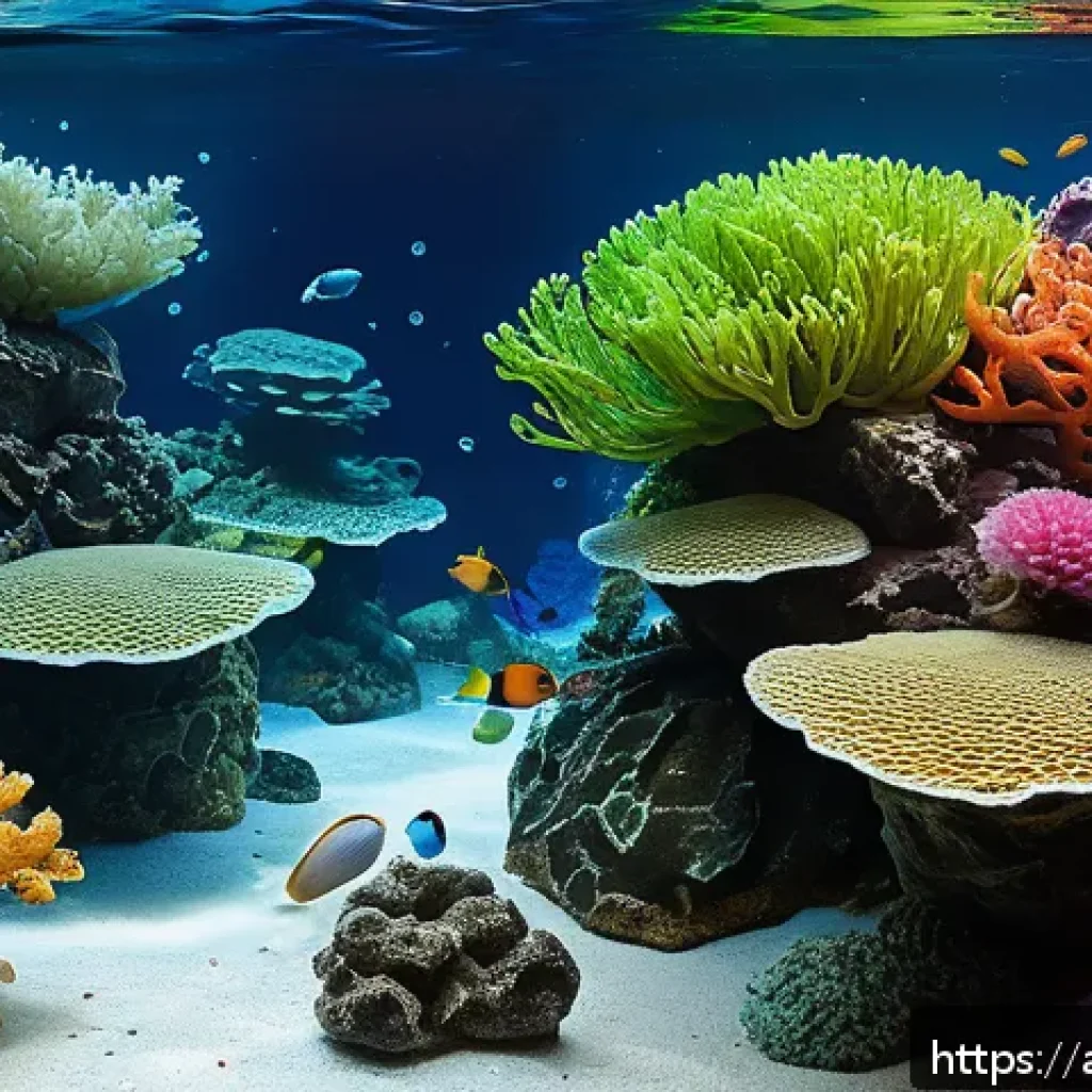 해수어 라이브 락 - A vibrant marine aquarium scene showcasing a variety of live rocks including broken coral rocks, bas...