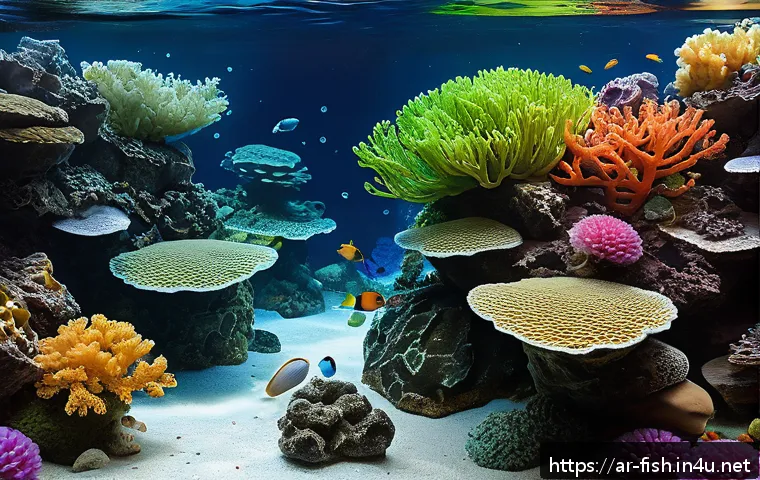 해수어 라이브 락 - A vibrant marine aquarium scene showcasing a variety of live rocks including broken coral rocks, bas...