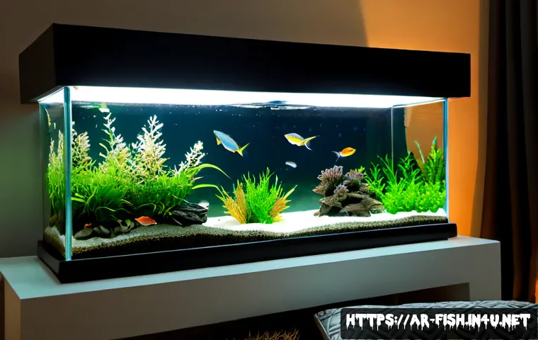 수초와 조명 궁합 - Photorealistic freshwater planted aquarium in a tidy modern Arab family living room, lush green aqua...