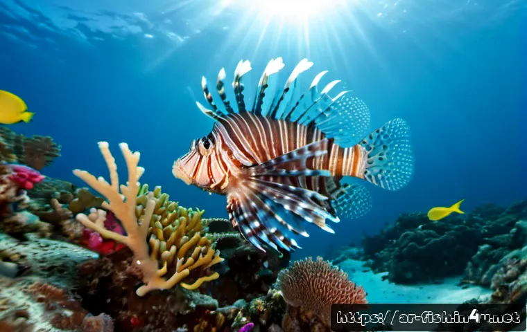 Home 17 특이한 어종 리스트 - Photorealistic underwater portrait of a lionfish with dramatic striped fins and delicate venomous sp...