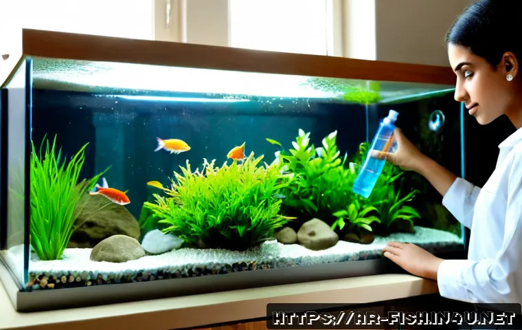 Home 17 열대어 사육법 - Photorealistic home freshwater tropical fish aquarium care scene, a clean rectangular glass tank wit...